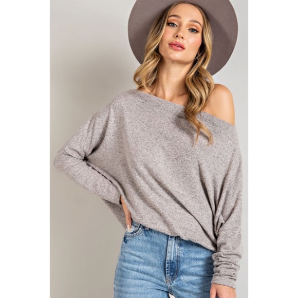 Tops - SOLD OUT Oatmeal Hacci Soft Long Sleeve Off Shoulder Tunic Dolman Knit Top